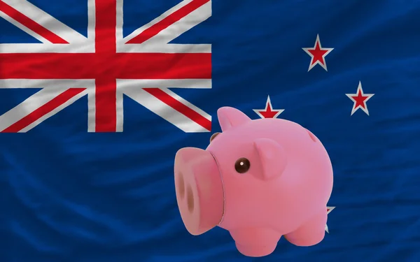 Piggy rijke bank en de nationale vlag van Nieuw-Zeeland — Stockfoto