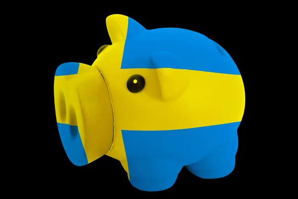 Rika piggy bank i färger nationella flagga Sverige för att spara m — Stockfoto