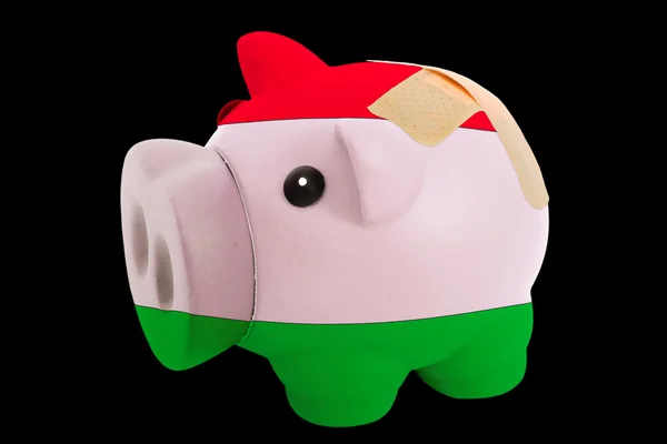 Failliete piggy rijke bank in de kleuren van de nationale vlag van Hongarije — Stockfoto