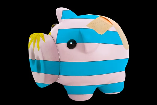 Failliete piggy rijke bank in de kleuren van de nationale vlag van uruguay — Stockfoto