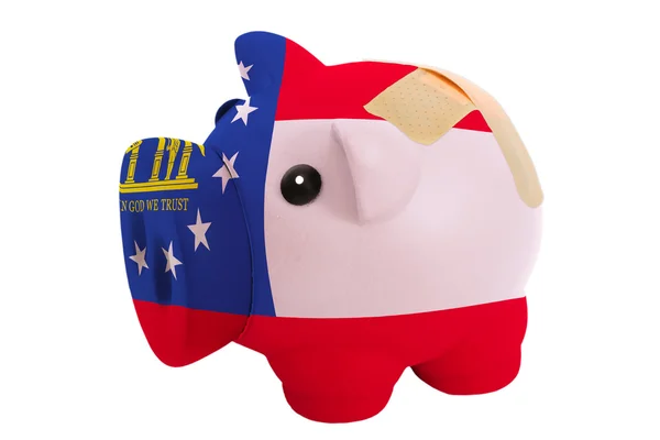 Stängda piggy rika bank med bandage i färger flagga amerikanska s — Stockfoto