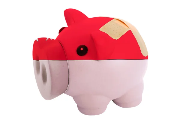Closed piggy rich bank with bandage in colors national flag of s — Stock Photo, Image
