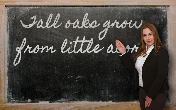 Professor mostrando Carvalhos altos crescem de pequenas bolotas no quadro negro — Fotografia de Stock