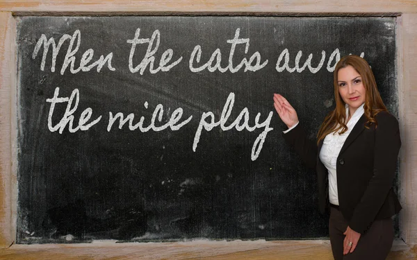 Teacher showing When the cat s away, the mice play on blackboard — Stock Photo, Image