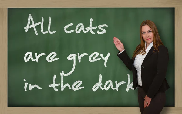 Teacher showing All cats are grey in the dark on blackboard — Stock Photo, Image