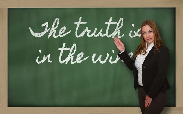 Professor mostrando A verdade está no vinho no quadro negro — Fotografia de Stock