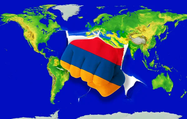 Vuist in kleur nationale vlag van Armenië ponsen wereldkaart — Stockfoto