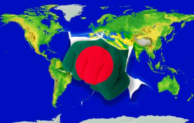Fist in color national flag of bangladesh punching world map clipart