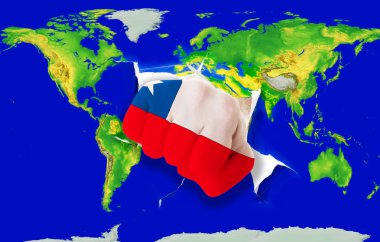 Fist in color national flag of chile punching world map clipart