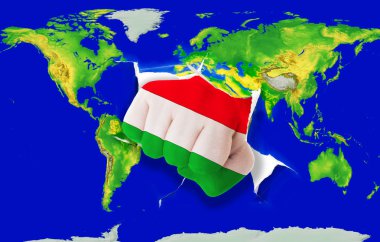 Fist in color national flag of hungary punching world map clipart