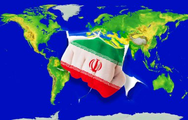 Fist in color national flag of iran punching world map clipart