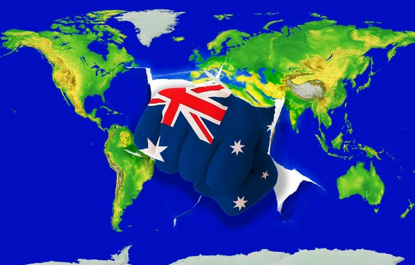 Vuist in kleur nationale vlag van Australië ponsen wereldkaart — Stockfoto