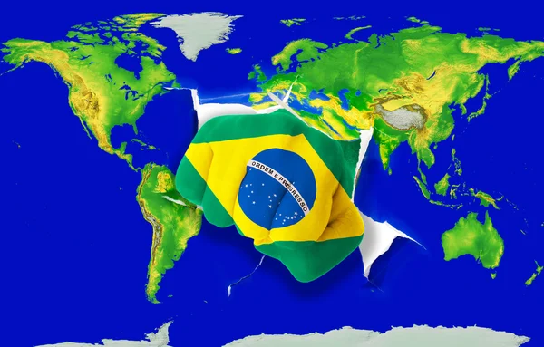 Puño en color bandera nacional de Brasil perforando mapa del mundo —  Fotos de Stock