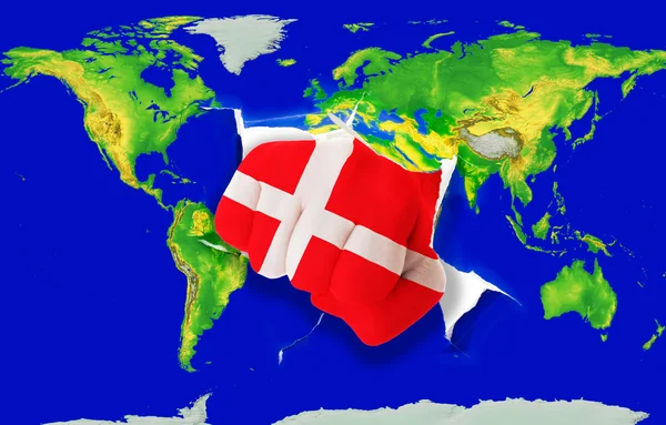 Fist in color national flag of denmark punching world map — Stock Photo, Image