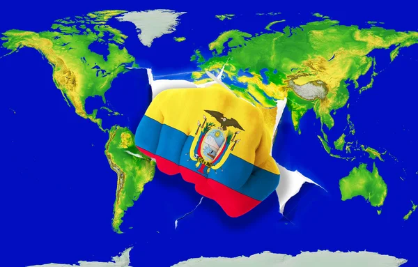 カラー世界地図パンチング エクアドルの国旗の拳します。 — ストック写真
