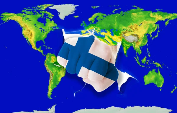 Γροθιά στο χρώμα εθνική σημαία της Φινλανδίας διάτρησης παγκόσμιο χάρτη — Φωτογραφία Αρχείου