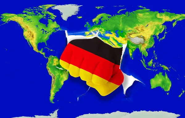 Fist in color national flag of germany punching world map — Stock Photo, Image