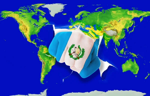 Puño en color bandera nacional de guatemala perforación mapa del mundo —  Fotos de Stock