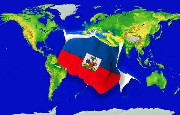 Fist in color national flag of haiti punching world map — Stock Photo, Image