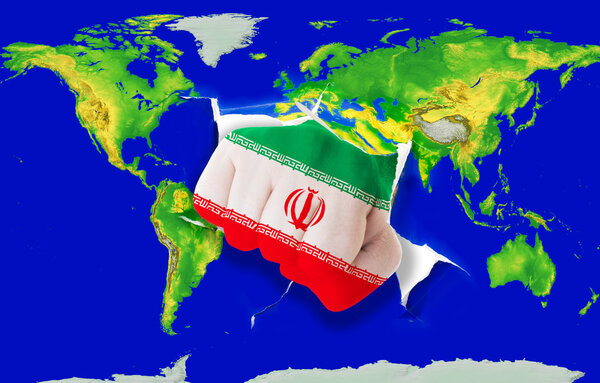 Fist in color national flag of iran punching world map