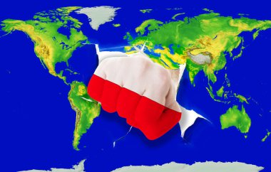 Fist in color national flag of poland punching world map clipart