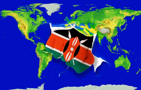 Vuist in kleur nationale vlag van Kenia ponsen wereldkaart — Stockfoto