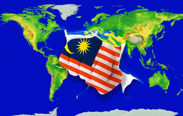 Кулак в цветном национальном флаге Малайзии пробивает карту мира — стоковое фото