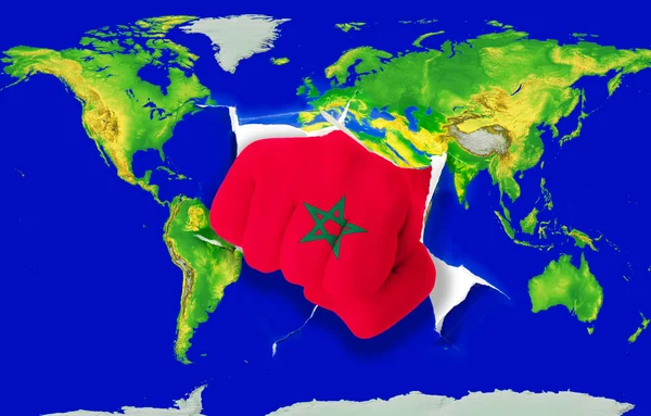 Fist in color national flag of morocco punching world map — Stock Photo, Image