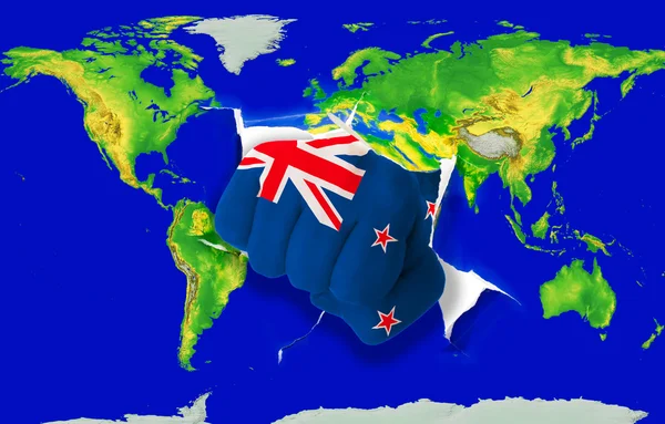 Vuist in kleur nationale vlag van Nieuw-Zeeland bokszak wereld ma — Stockfoto