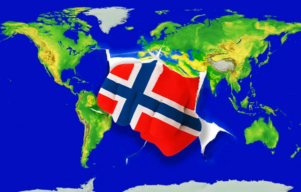Faust in Farbe Nationalflagge Norwegens beim Stanzen der Weltkarte — Stockfoto