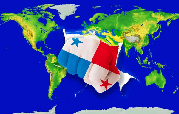 Fist in color national flag of panama punching world map — Stock Photo, Image