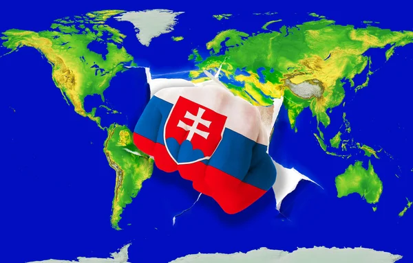 Faust in Farbe Nationalflagge der Slowakei auf der Weltkarte — Stockfoto
