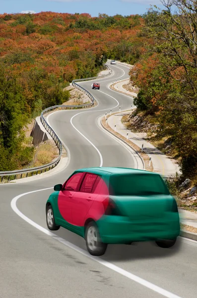 Car on road in national flag of bangladesh colors — Stock Photo, Image