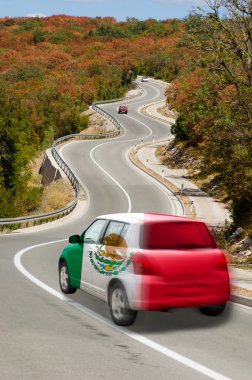 Car on road in national flag of mexico colors clipart