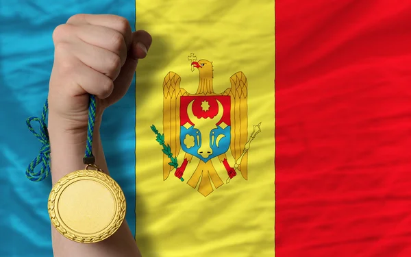 Gold medal for sport and national flag of moldova — Stock Photo, Image