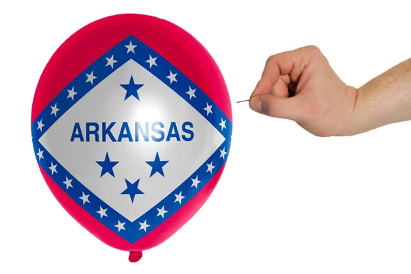 Bursting balloon colored in flag of american state of arkansas — Stock Photo, Image