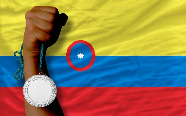 Silver medal for sport and national flag of columbia — Stock Photo, Image