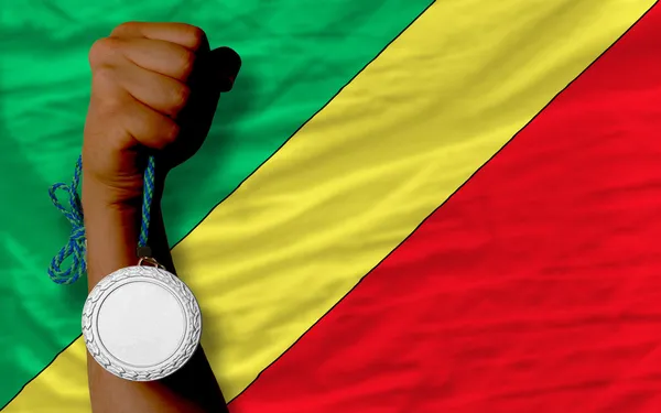 Silver medal for sport and national flag of of congo — Stock Photo, Image