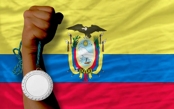 Silver medal for sport and national flag of ecuador — Stock Photo, Image