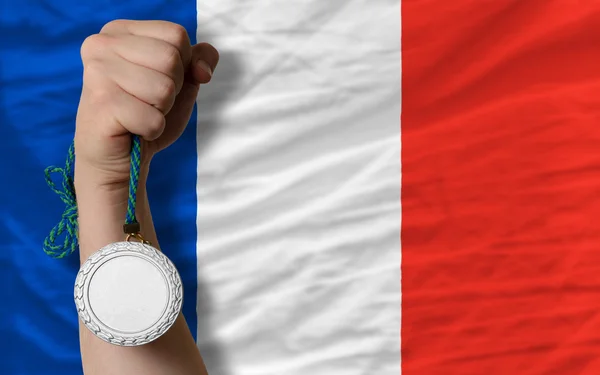 Silver medal for sport and national flag of france — Stock Photo, Image