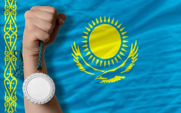 Silver medal for sport and national flag of kazakhstan — Stock Photo, Image