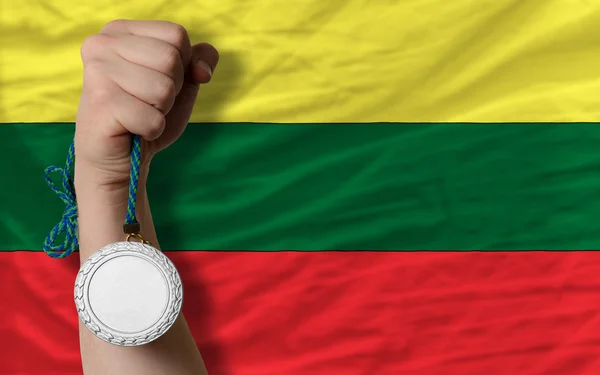 Silver medal for sport and national flag of lithuania — Stock Photo, Image