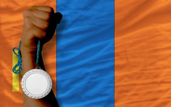Silver medal for sport and national flag of mongolia — Stock Photo, Image
