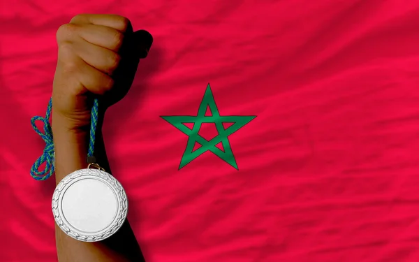 Silver medal for sport and national flag of morocco — Stock Photo, Image