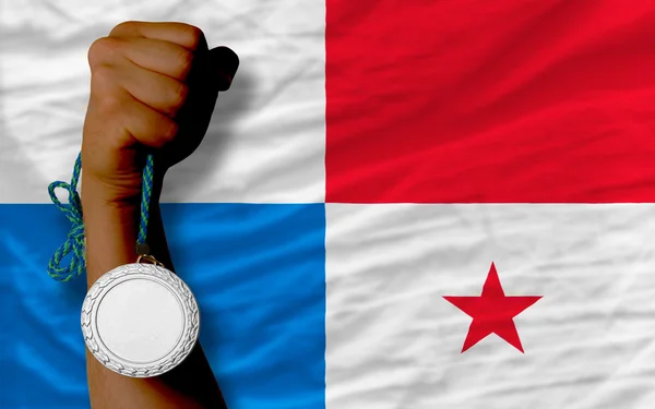 Silver medal for sport and national flag of panama — Stock Photo, Image