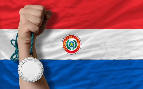 Silver medal for sport and national flag of paraguay — Stock Photo, Image