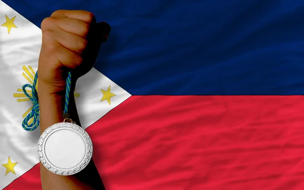 Silver medal for sport and national flag of philippines — Stock Photo, Image