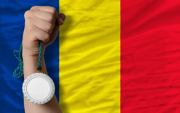 Silver medal for sport and national flag of romania — Stock Photo, Image