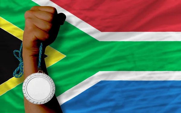 Medalla de plata para el deporte y la bandera nacional de Sudáfrica —  Fotos de Stock