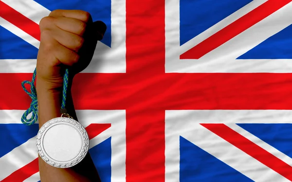 Silver medal for sport and national flag of united kingdom — Stock Photo, Image